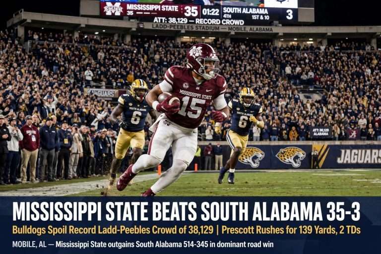 Illustration for the news story: Mississippi State Beats South Alabama 35-3 Before Record Ladd-Peebles Crowd of 38,129