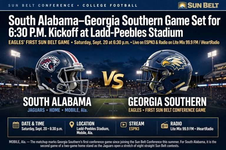 Illustration for the news story: South Alabama-Georgia Southern Game Set for 6:30 P.M. Kickoff at Ladd-Peebles Stadium