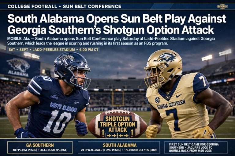 Illustration for the news story: South Alabama Opens Sun Belt Play Against Georgia Southern’s Shotgun Option Attack