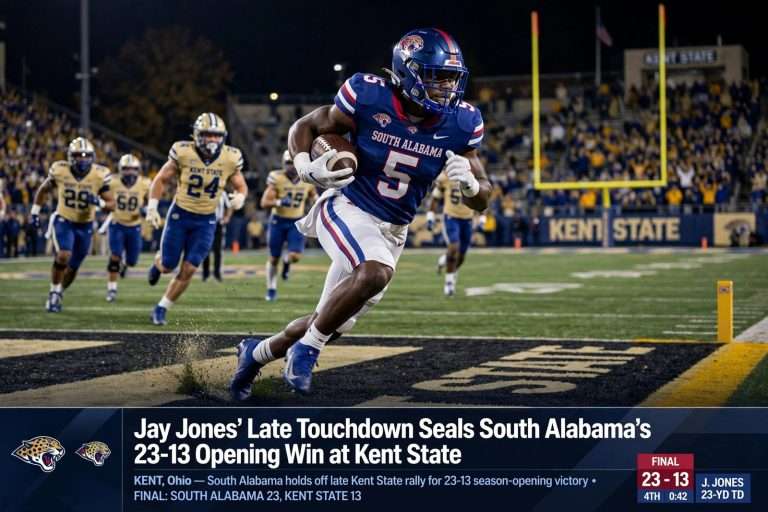 Illustration for the news story: Jay Jones’ Late Touchdown Seals South Alabama’s 23-13 Opening Win at Kent State
