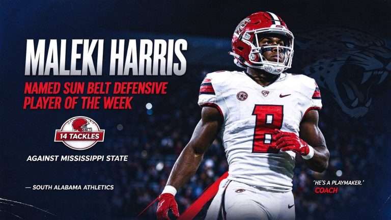 Illustration for the news story: Maleki Harris Named Sun Belt Defensive Player of the Week After 14 Tackles Against Mississippi State