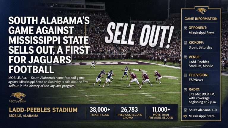 Illustration for the news story: South Alabama’s Game Against Mississippi State Sells Out, a First for Jaguars Football
