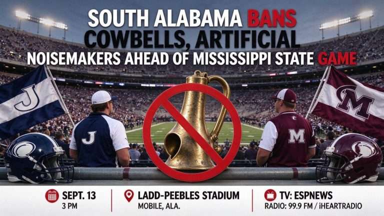 Illustration for the news story: South Alabama Bans Cowbells, Artificial Noisemakers Ahead of Mississippi State Game