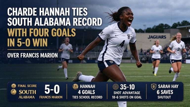 Illustration for the news story: Charde Hannah Ties South Alabama Record With Four Goals in 5-0 Win Over Francis Marion