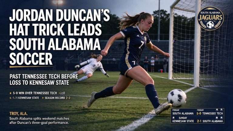 Illustration for the news story: Jordan Duncan’s Hat Trick Leads South Alabama Soccer Past Tennessee Tech Before Loss to Kennesaw State