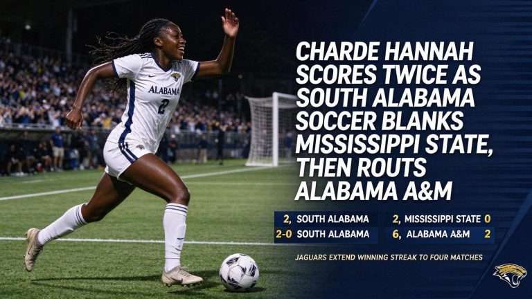 Illustration for the news story: Charde Hannah Scores Twice as South Alabama Soccer Blanks Mississippi State, Then Routs Alabama A&M