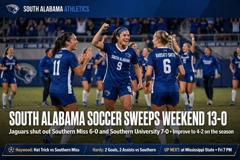 Illustration for the news story: South Alabama Soccer Outscores Southern Miss, Southern 13-0 in Weekend Sweep