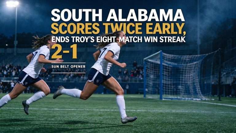 Illustration for the news story: South Alabama Soccer Scores Twice Early, Ends Troy’s Eight-Match Win Streak 2-1
