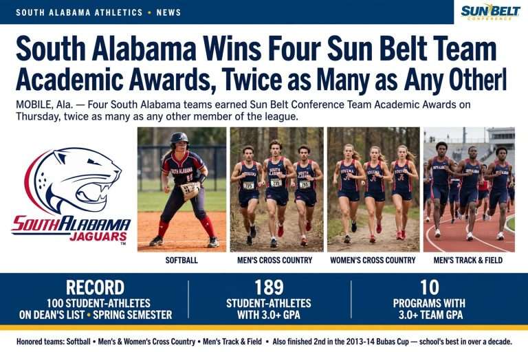 Illustration for the news story: South Alabama Wins Four Sun Belt Team Academic Awards, Twice as Many as Any Other School