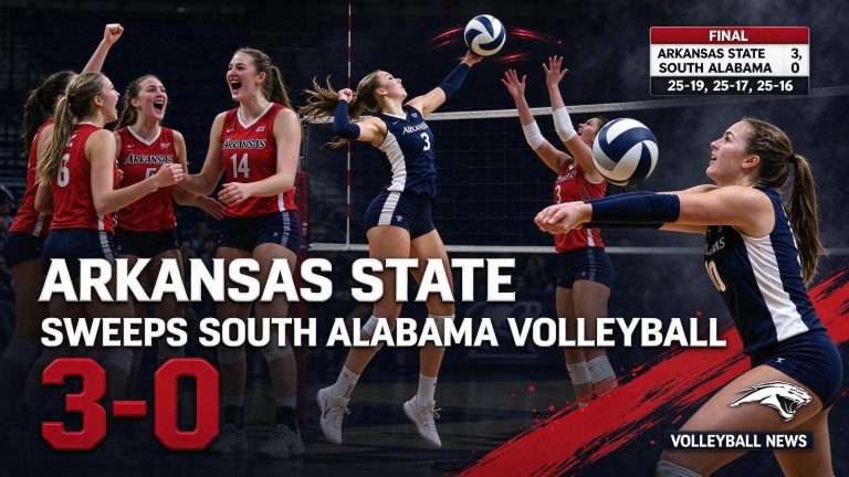 Illustration for the news story: Arkansas State Sweeps South Alabama Volleyball 3-0