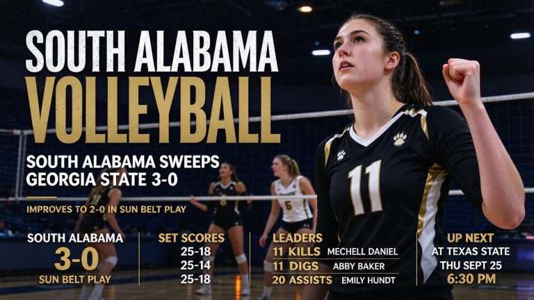 Illustration for the news story: South Alabama Volleyball Sweeps Georgia State 3-0 to Improve to 2-0 in Sun Belt Play