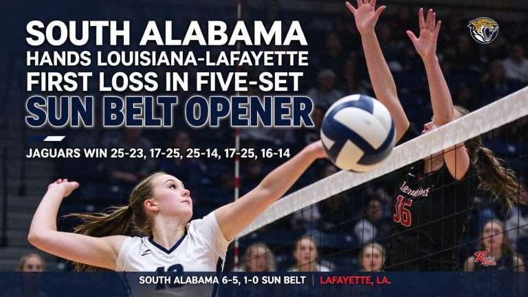 Illustration for the news story: South Alabama Volleyball Hands Louisiana-Lafayette First Loss in Five-Set Sun Belt Opener