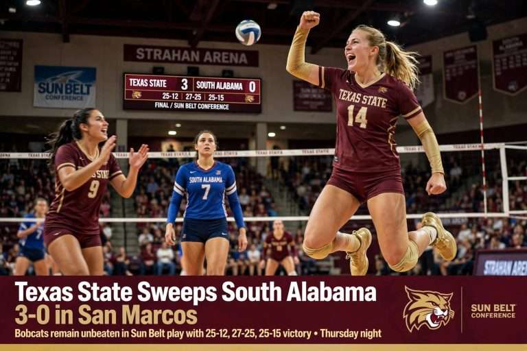 Illustration for the news story: Texas State Sweeps South Alabama Volleyball 3-0 in San Marcos