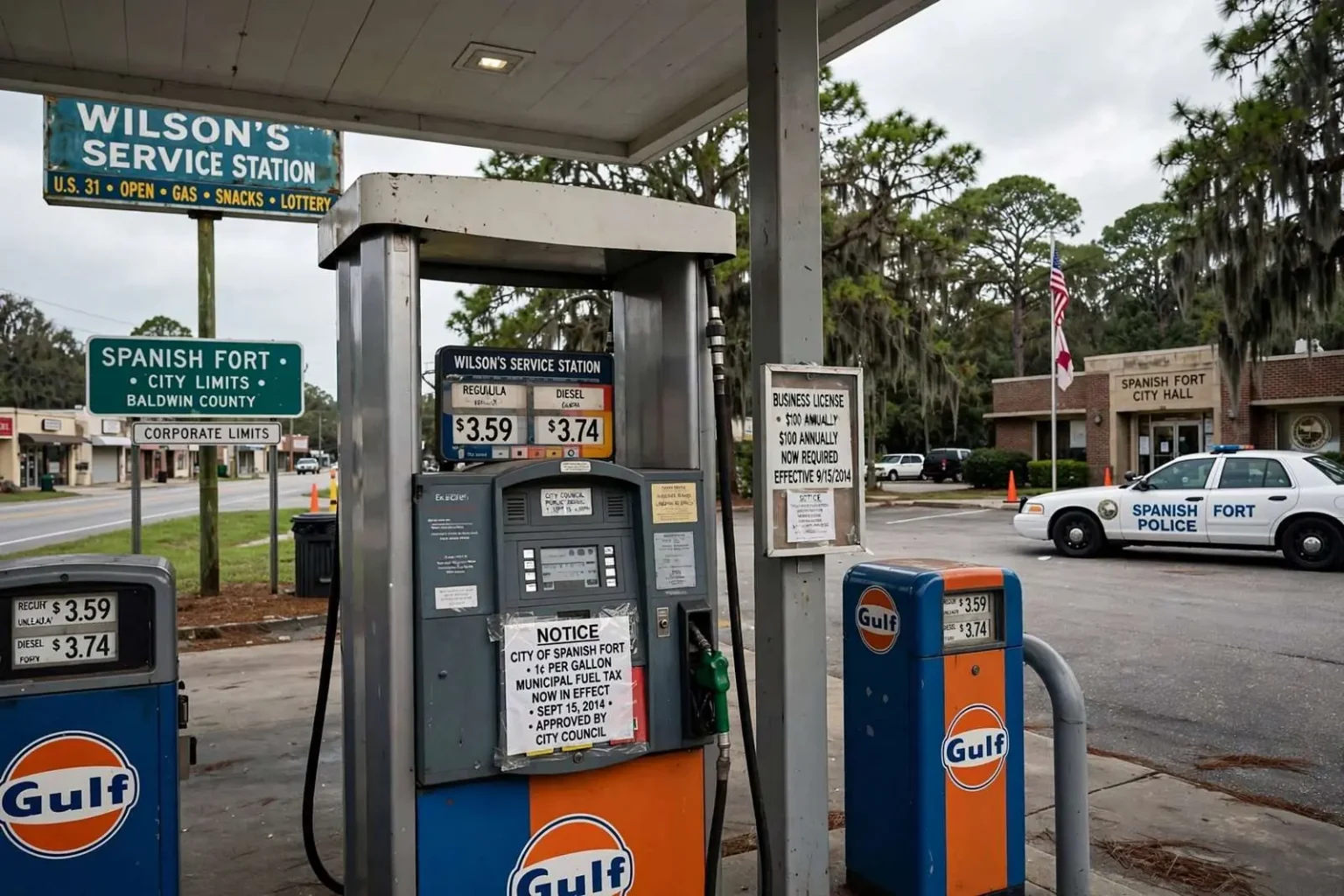Illustration for the news story: Spanish Fort Approved Its First-Ever Gas Tax and a Higher Business License Fee