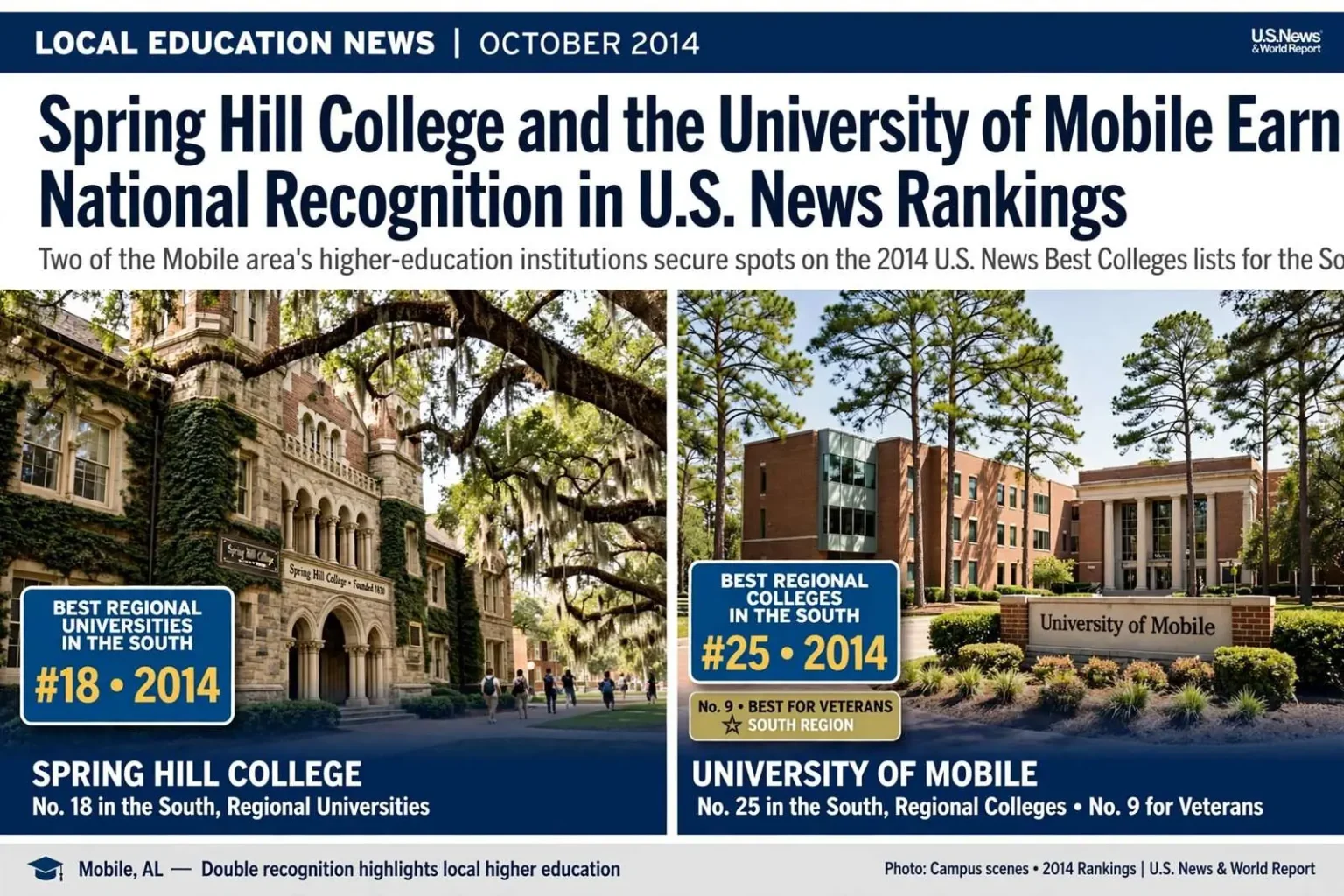 Illustration for the news story: Spring Hill College and the University of Mobile Earn National Recognition in U.S. News Rankings