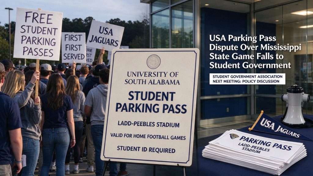 Illustration for the news story: USA Parking Pass Dispute Over Mississippi State Game Falls to Student Government