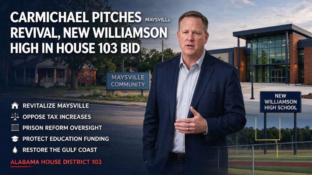 Illustration for the news story: Carmichael Pitches Maysville Revival, New Williamson High in House 103 Bid