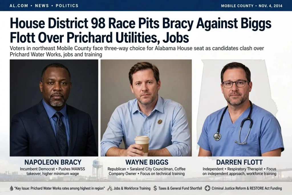 Illustration for the news story: House District 98 Race Pits Bracy Against Biggs and Flott Over Prichard Utilities, Jobs