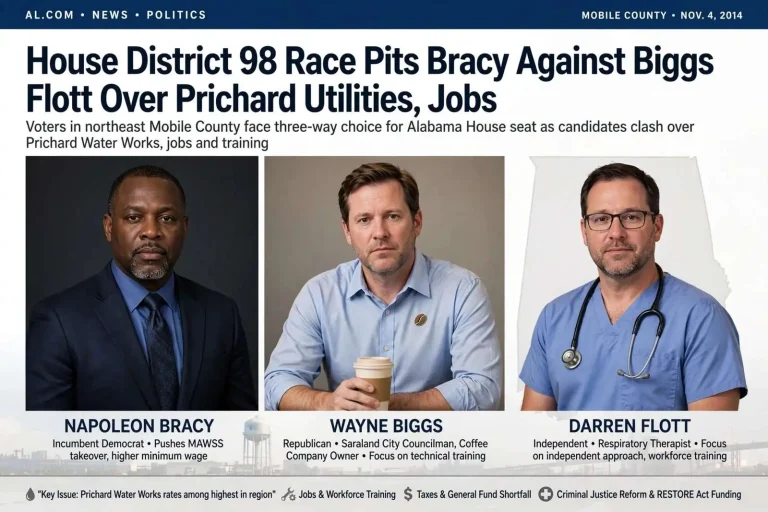 Illustration for the news story: House District 98 Race Pits Bracy Against Biggs and Flott Over Prichard Utilities, Jobs