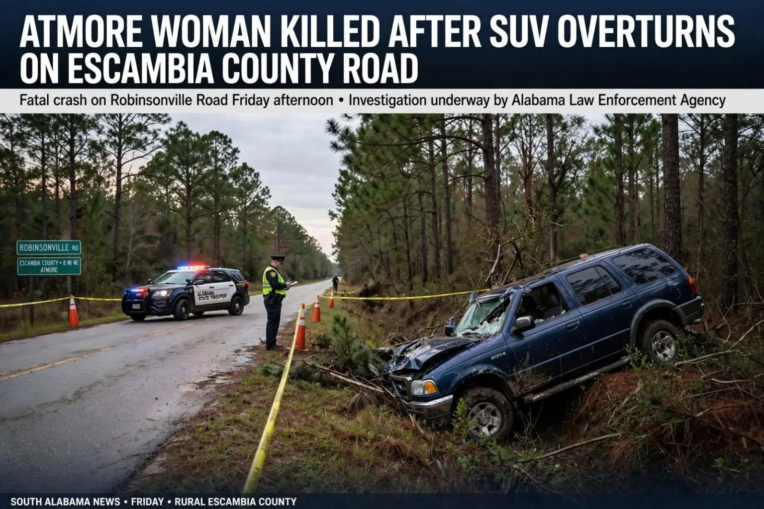 Illustration for the news story: Atmore Woman Killed After SUV Overturns on Escambia County Road