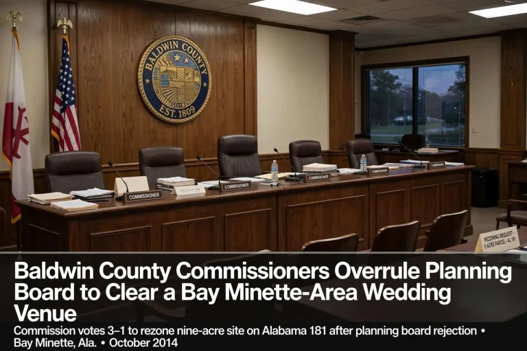 Illustration for the news story: Baldwin County Commissioners Overrule Planning Board to Clear a Bay Minette-Area Wedding Venue