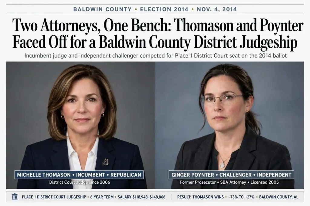 Illustration for the news story: Two Attorneys, One Bench: Thomason and Poynter Faced Off for a Baldwin County District Judgeship