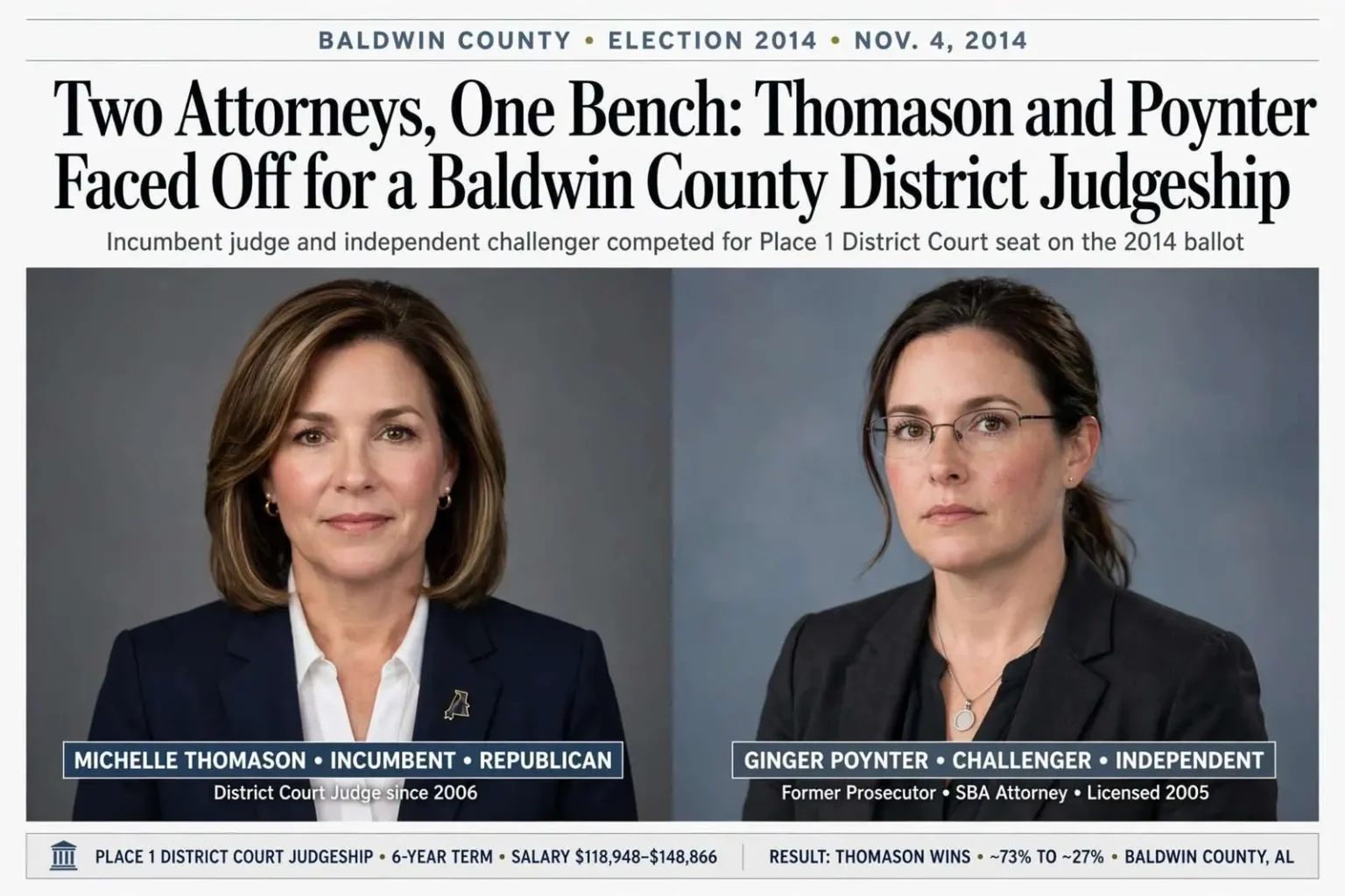Illustration for the news story: Two Attorneys, One Bench: Thomason and Poynter Faced Off for a Baldwin County District Judgeship