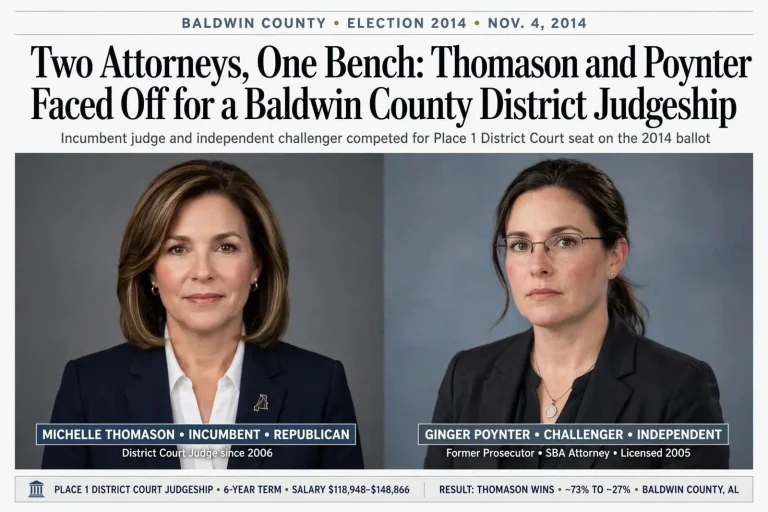 Illustration for the news story: Two Attorneys, One Bench: Thomason and Poynter Faced Off for a Baldwin County District Judgeship
