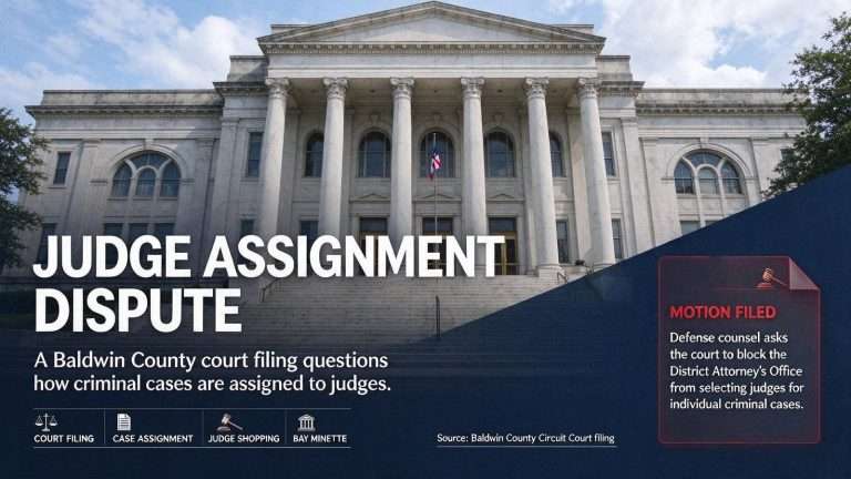 Illustration for the news story: Baldwin County Attorney Accuses DA’s Office of ‘Judge Shopping’ in Court Filing