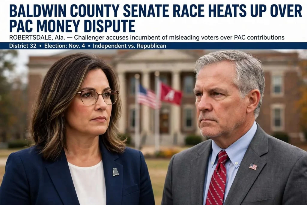 Illustration for the news story: Baldwin County Senate Race Heats Up Over PAC Money Dispute