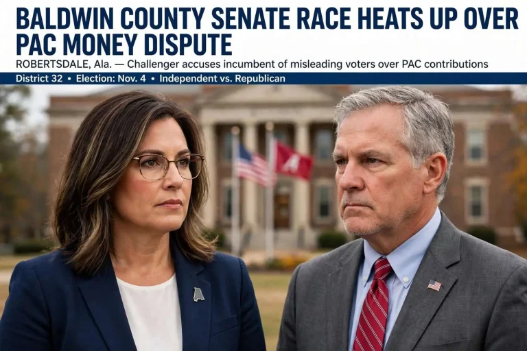 Illustration for the news story: Baldwin County Senate Race Heats Up Over PAC Money Dispute