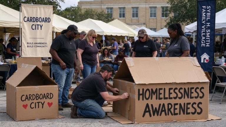 Illustration for the news story: Cardboard City Draws Dozens to Downtown Mobile for Homelessness Cause