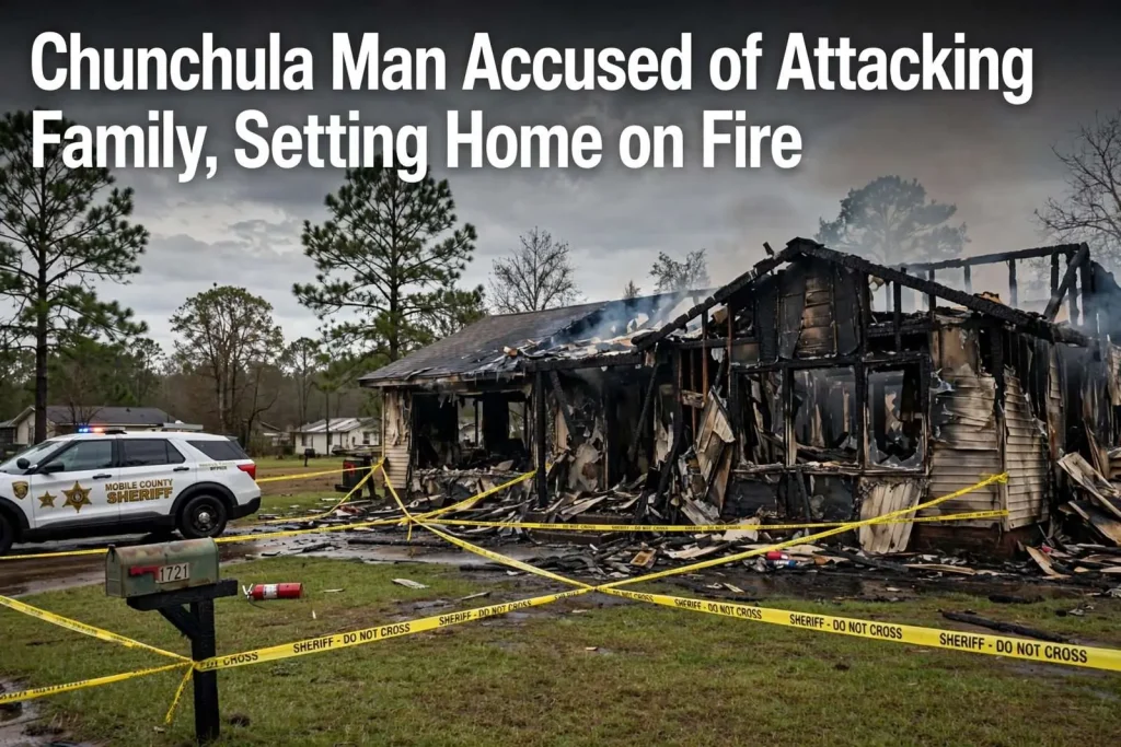 Illustration for the news story: Chunchula Man Accused of Attacking Family, Setting Home on Fire