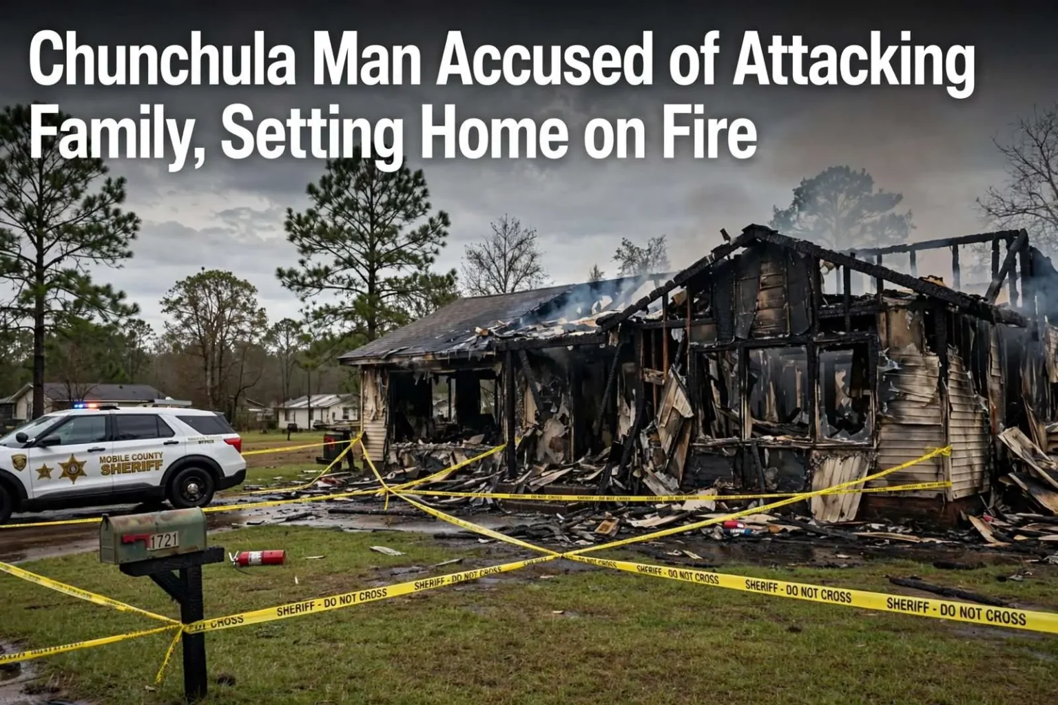 Illustration for the news story: Chunchula Man Accused of Attacking Family, Setting Home on Fire
