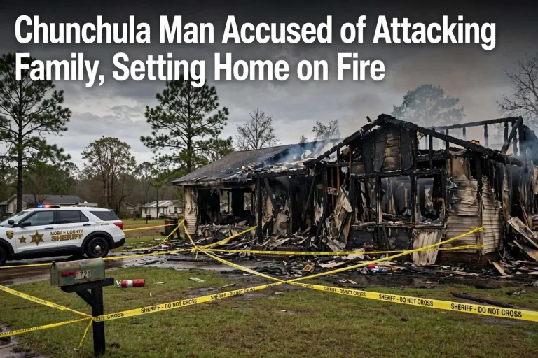 Illustration for the news story: Chunchula Man Accused of Attacking Family, Setting Home on Fire
