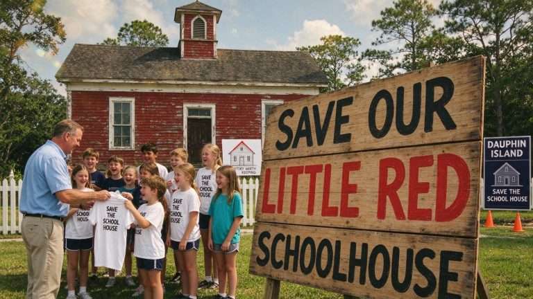 Illustration for the news story: Dauphin Island Rallies to Save Its Historic Little Red Schoolhouse