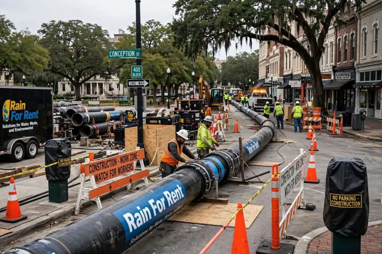Illustration for the news story: Rain For Rent Crews Extend Downtown Mobile Bypass Pipe Toward Conception Street