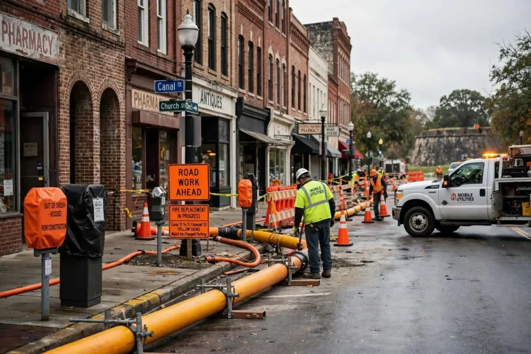 Illustration for the news story: Downtown Mobile Pipe Project Brings Parking Changes as Regional Road Work Continues