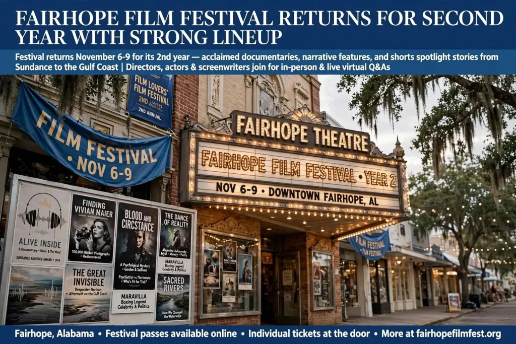 Illustration for the news story: Fairhope Film Festival Returns for Second Year With Strong Lineup