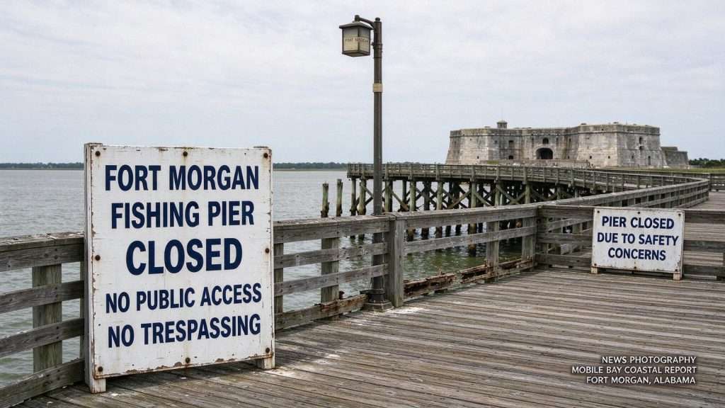 Illustration for the news story: Fort Morgan Fishing Pier Remains Closed as Repair Costs Mount