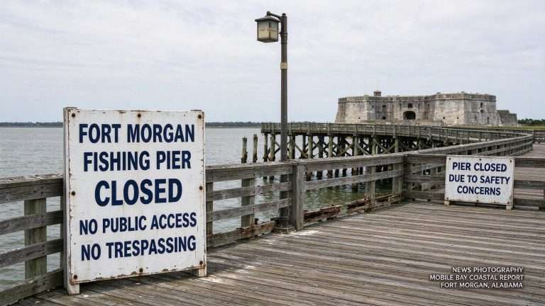 Illustration for the news story: Fort Morgan Fishing Pier Remains Closed as Repair Costs Mount
