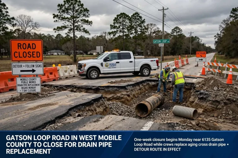 Illustration for the news story: Gatson Loop Road in West Mobile County to Close for Drain Pipe Replacement