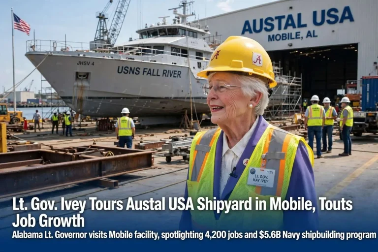 Illustration for the news story: Lt. Gov. Ivey Tours Austal USA Shipyard in Mobile, Touts Job Growth
