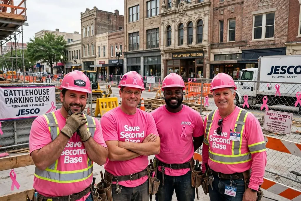 Illustration for the news story: JESCO Construction Crews Wear Pink Hard Hats for Breast Cancer Awareness in Downtown Mobile