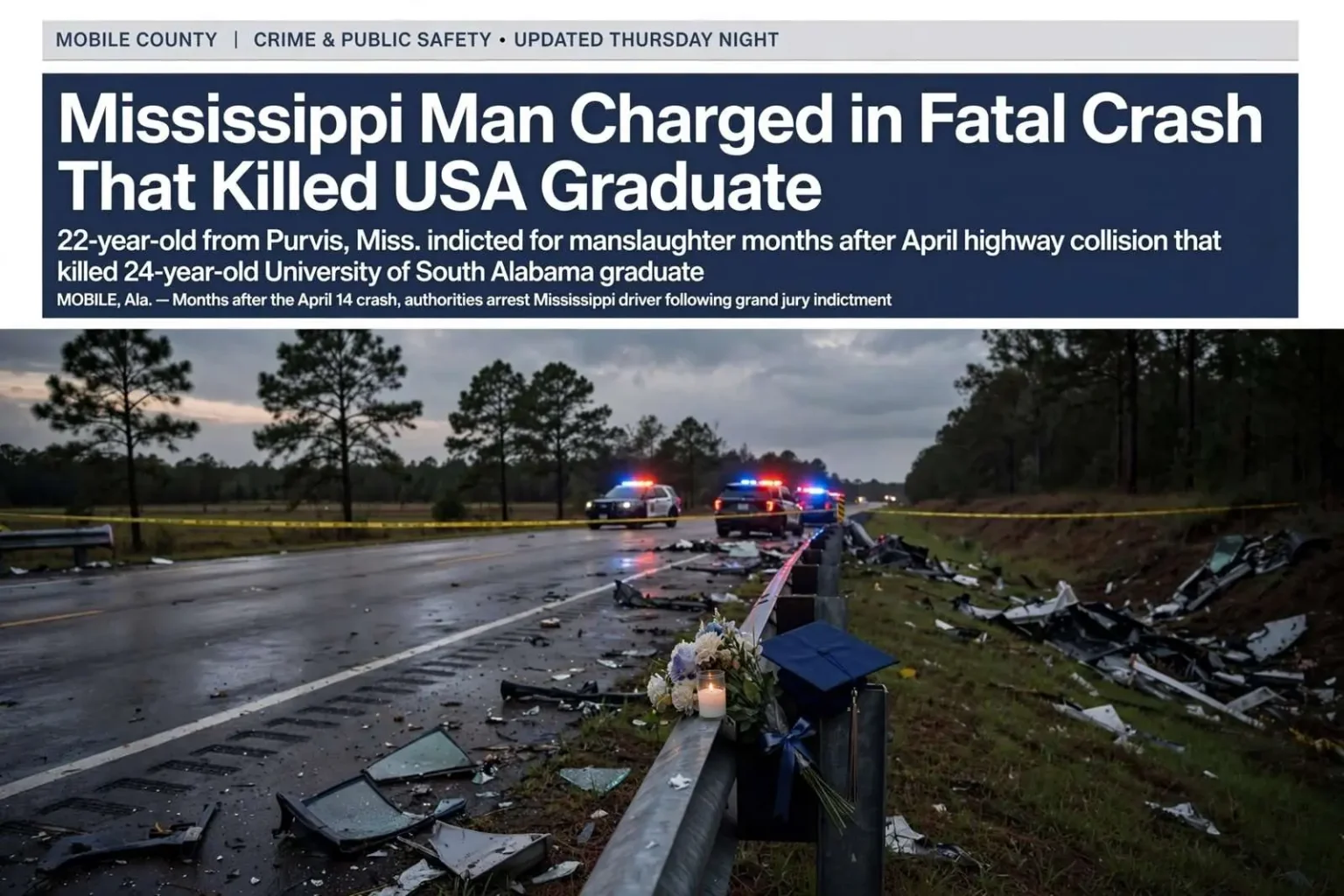 Illustration for the news story: Mississippi Man Charged in Fatal Crash That Killed USA Graduate