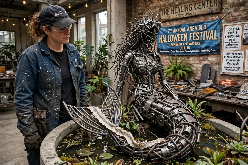 Illustration for the news story: Mobile Artist April Livingston to Unveil Welded Metal Mermaid at NOLA Halloween Festival