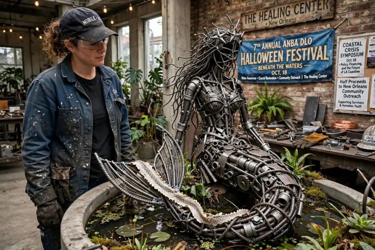 Illustration for the news story: Mobile Artist April Livingston to Unveil Welded Metal Mermaid at NOLA Halloween Festival