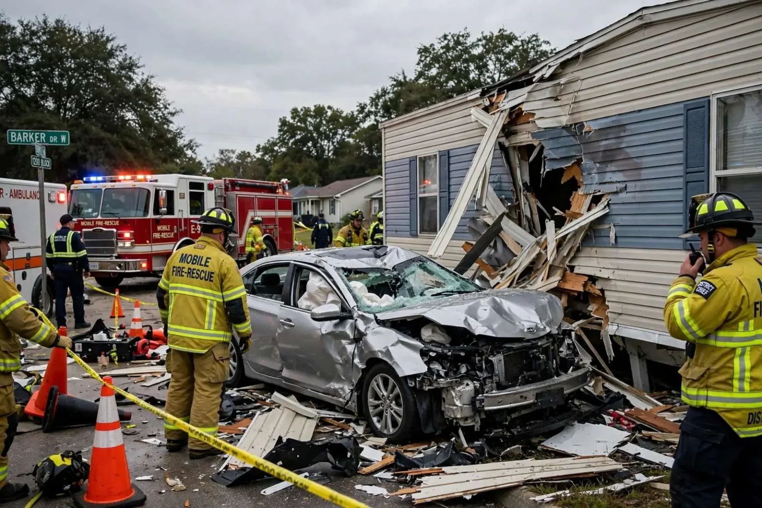 Illustration for the news story: Six Hurt When Car Leaves Roadway, Strikes Mobile Home on Barker Drive