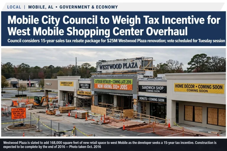 Illustration for the news story: Mobile City Council to Weigh Tax Incentive for West Mobile Shopping Center Overhaul