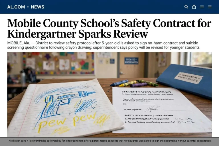 Illustration for the news story: Mobile County School’s Safety Contract for Kindergartner Sparks Review